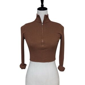 Ribbed Zip Up Crop Top Brown Mock Neck Long Sleeve – Size S